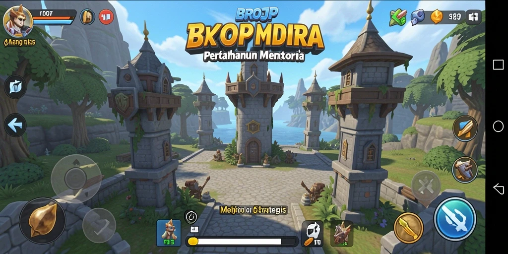 Tangkapan layar BROJP menampilkan aksi gameplay pertahanan menara yang intens.