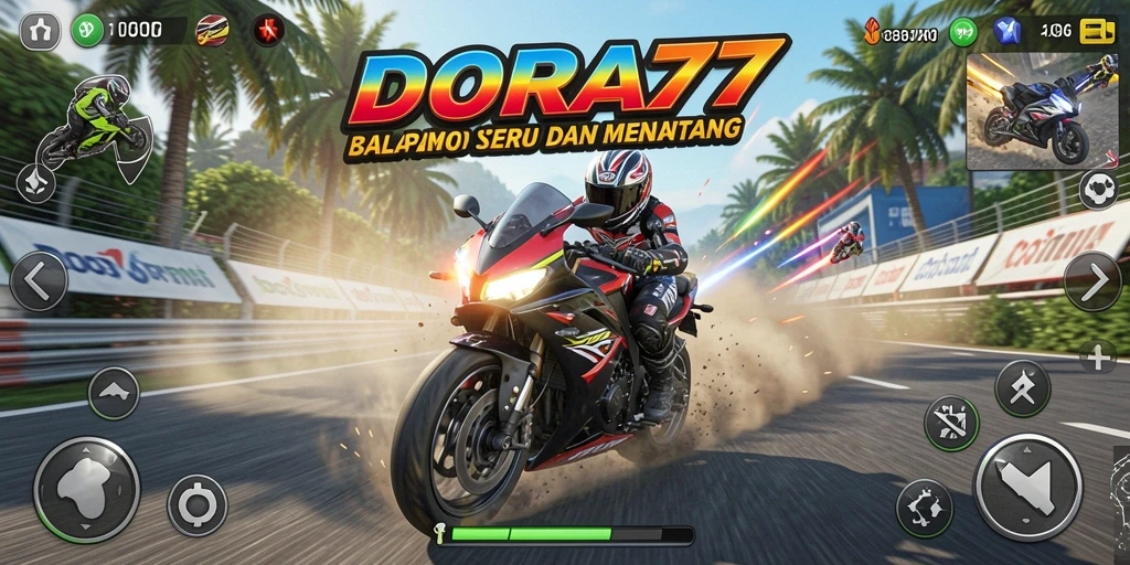 Screenshot DORA77 menunjukkan aksi balap motor yang intens.
