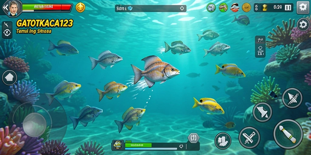 Screenshot GATOTKACA123 menampilkan aksi seru saat menembak ikan.