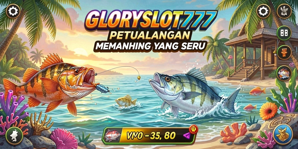 Tampilan gameplay GLORYSLOT777 dengan berbagai jenis ikan yang menunggu untuk ditangkap.