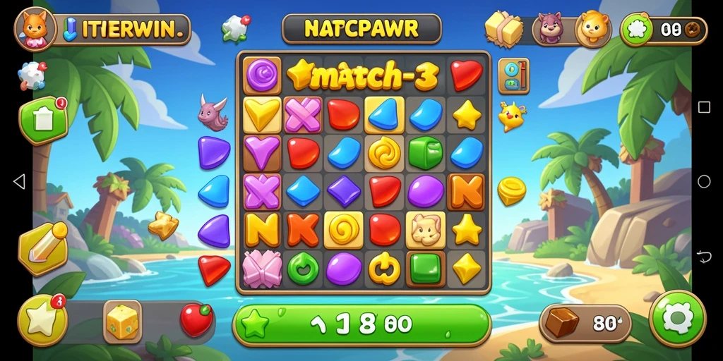 Gameplay match-3 INTERWIN dengan grafis menarik dan tantangan seru.