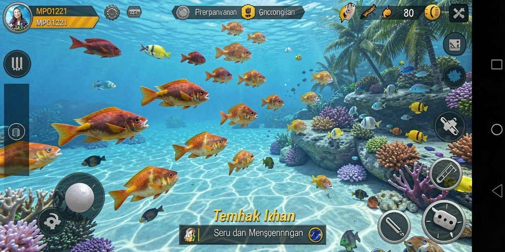 Menampilkan gameplay seru Tembak Ikan di MPO1221.