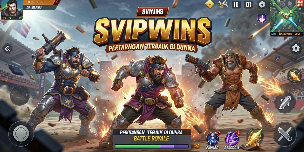Tangkapan layar utama SVIPWINS menampilkan aksi pertempuran di arena Battle Royale.