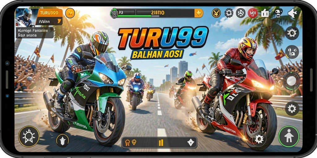Screenshot utama TURU99 menampilkan aksi balapan motor yang seru.