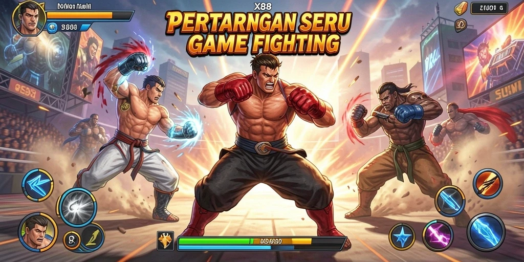 Screenshot utama X88 menampilkan aksi pertarungan mendebarkan dengan karakter yang kuat.